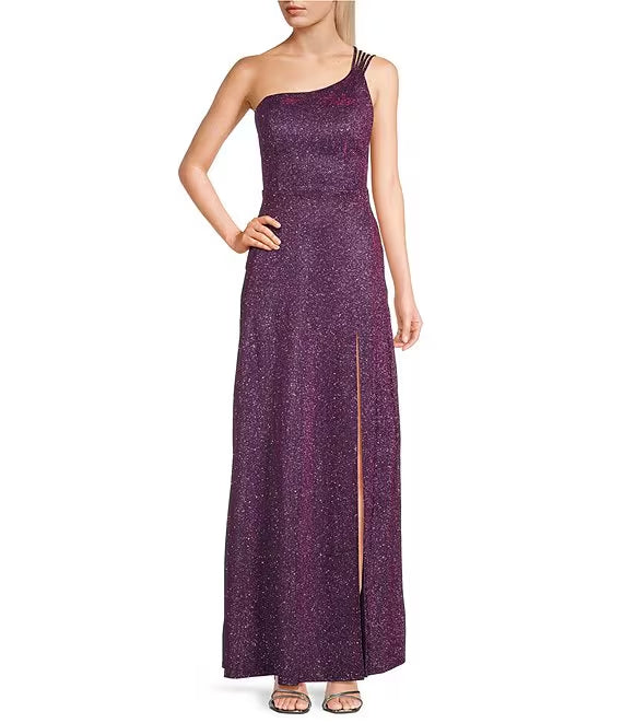 One shoulder sequin cage back length prom dress